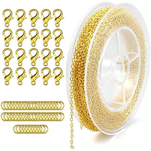 YapitHome 39.37 Füße DIY Goldketten, DIY Schmuckkette, Gliederkette mit 20 Ketten Verschlüsse und 50 Biegering für Schmuck Herstellung,Schmuck Zubehör DIY,Handwerk (Gold,2mm) Cover