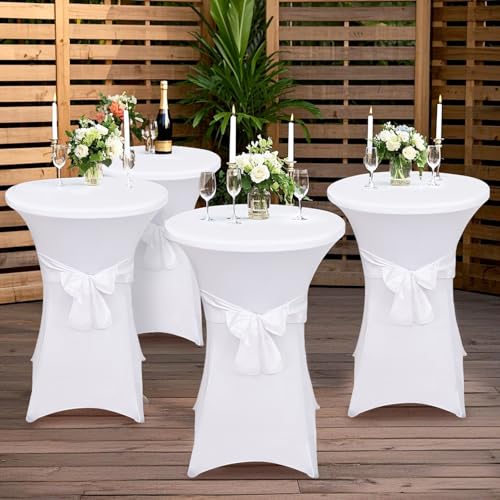 Alishomtll 6er Set Stehtisch Hussen mit Schleife, Ø70cm Stretch Stehtischhussen, Elegante Elastische Tisch-Überzug Hussen für Bistrotisch Runde Stehtisch Bankett Hochzeit (Ø70x110cm, Weiß)