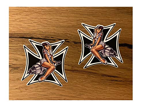 cut-it folientechnik & design MG356 / 2X Girl Cross Aufkleber je 6 x 6 cm Pinup Sexy Oldschool Vintage Kreuz German Oldtimer Retro Rockabilly