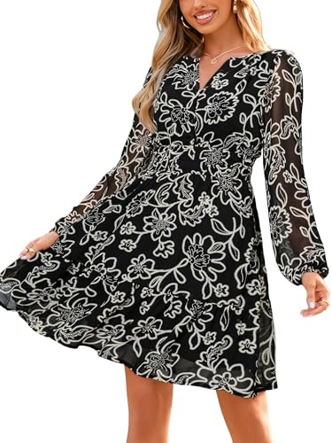 Image of Simplee Womens Spring Floral Mini Dress Long Sleeve Boho Chiffon Short Dress Casual Flowy Fall Wedding Guest Dresses