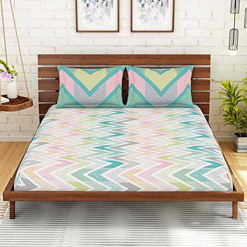 Image of Spaces Atrium Cotton King Size Fitted Double Bedsheet with 2 Pillow Covers Soft Feel Skin Safe Breatheable Fabric (Geometric, 183 cm x 198 cm + 30 cm) - Aqua Green