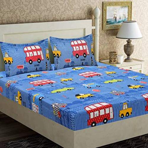 Image of Cotton Feel Glace Cotton Elastic Fitted Printed King Size Double Bed Bedsheet with 2 Pillow Cover(72 inchx78 inch,Blue Bus)