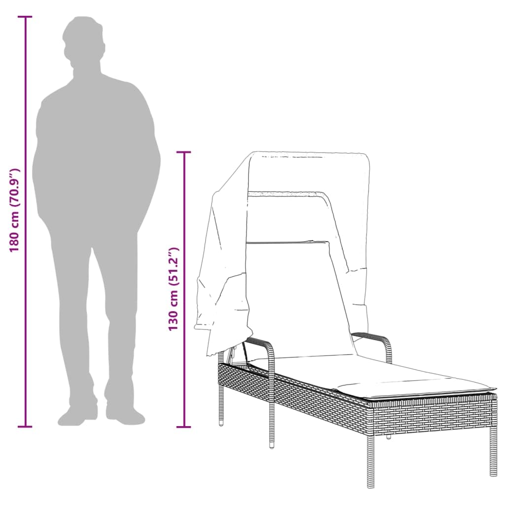 Lettino prendisole con tettuccio grigio, in polyrattan, regolabile, da giardino, per terrazza, lounge all'aperto, piscina, spiaggia, balcone, sdraio pieghevole