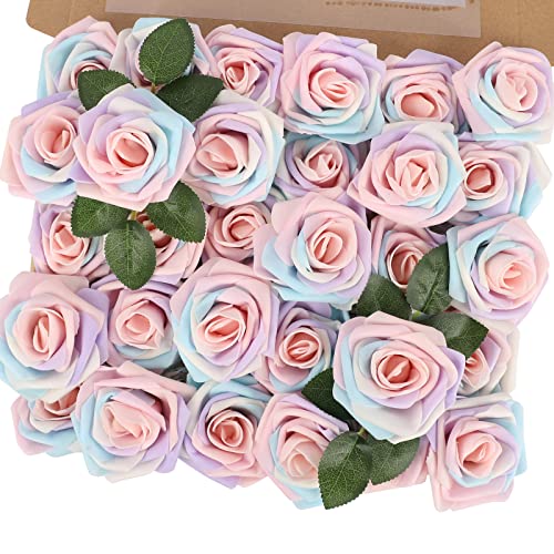 MACTING 30PCS Artificial Rose Flowers Real Touch Fake Flowers with Stem Foam Roses for DIY Wedding Bouquet Table Centerpieces Party Baby Shower Spring Home Mothers Day Decoration(Light Rainbow