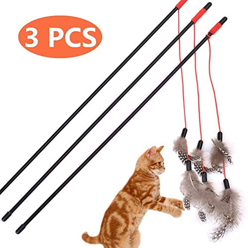 Drawihi Pack of 3u00a0CAT Stick Funny Toy Feather Teaser Wand Cat Toy Interactive Pen and with Rope Random couleur-45u00a0cm