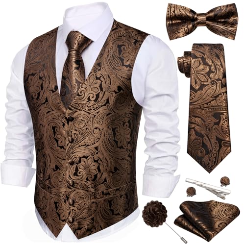Image of Barry.Wang Men's Suit Vest Tie Bowtie Set Formal Silk Paisley Waistcoat Hanky Cufflinks Lapel Pin Set Wedding Party 7PCS