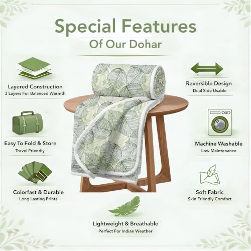 Image of Divine Casa 120 GSM Glace Cotton Single Bed Dohar | Lightweight AC Blanket | Reversible Leaf Print Quilt | 210 x 140 CM, Garden Green
