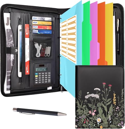 Image of Eshow Padfolio for Men Women with Pen, Leather Portfolio with Zipper - Professional Interview Resume Organizer with Card Holder, Writing Pad & File Folders for Business, Lawyer, Student