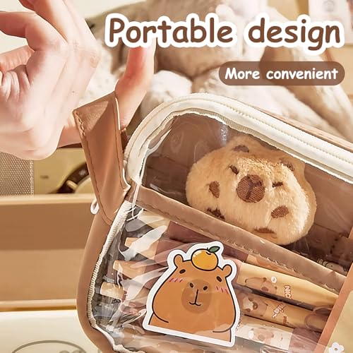 Image of Cute Capybara Pencil Case,Capybara Stationery Comes with 10 Stickers+2 Brooches+Doll*1 Suitable for Storing Stationery 9-Layer Large-Capacity Storage Bag (Brown)