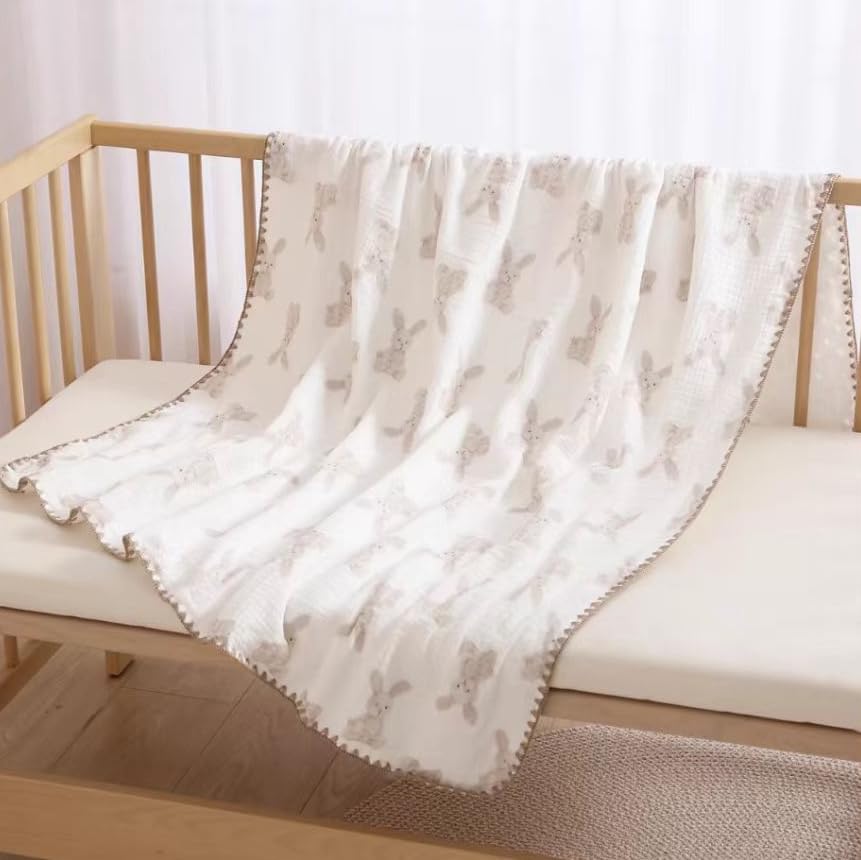 Baby Soft Muslin Thick Blanket Cotton and Dotted Backing Double Layer Receiving Blanket 40"x40" Bunny