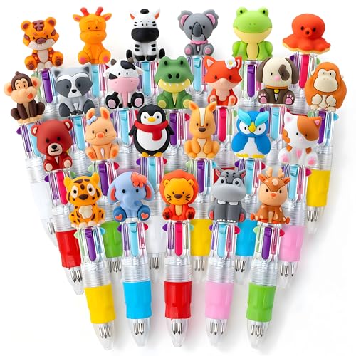 DMIGHT Mini Safari Animal Multicolor Pens in One 4-in-1 Cute Pens Bulk for Kids, Ballpoint Pen for Birthdays and Children's Parties, Fun Gifts Assorted Ink Kawaii Pen (24Pcs)