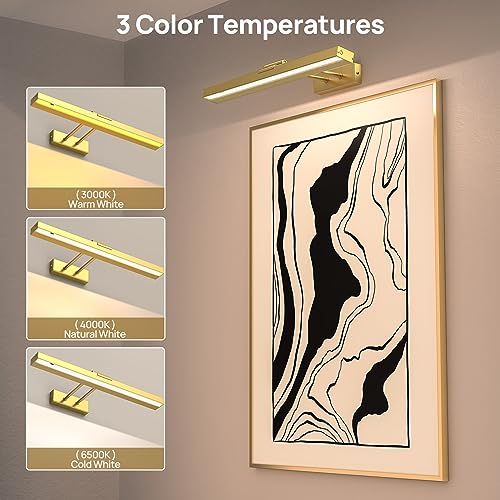 Image of PESUTEN Picture Light Battery Operated, 16in Wireless Art Light for Paintings CCT Dimmable Recharging Battery Picture Light with Remote Control for Gallery Dartboard Art Bedroom Bathroom Gold