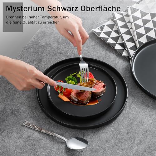 Homikit Geschirrset 6 Personen, 18-tlg Steinzeug Geschirr Set Tafelservice, Essgeschirr mit Speiseteller Dessertteller Müslischüsseln, Mikrowellen- und Spülmaschinenfest, Kratzfest, Mysterium Schwarz