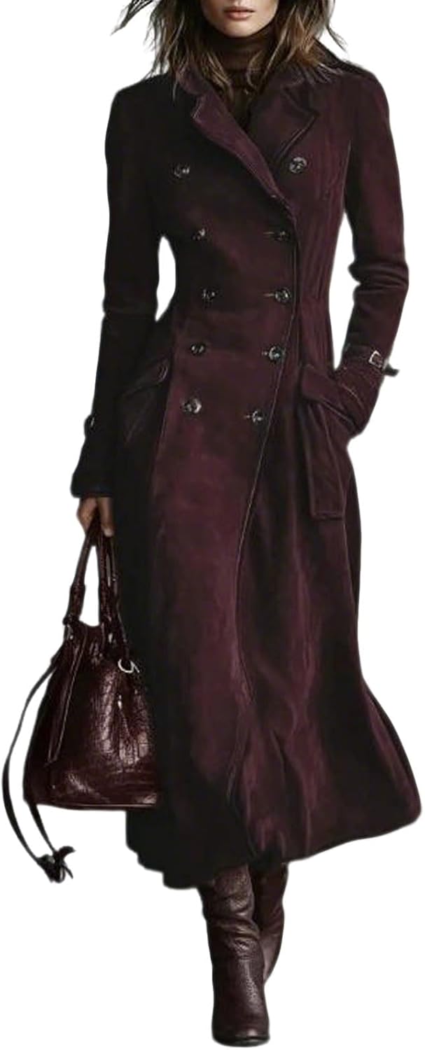 loveimgs Women Faux Suede Long Trench Coat Double Breasted Lapel Pea Coat Leather Overcoat Winter Retro Outwear Elegant