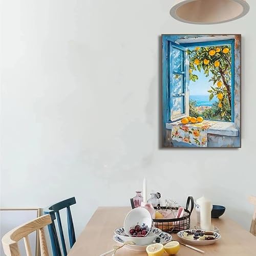 LMYSXAOZ Canvas Painting Print Lemon Tree Orange on Window Poster Mediterranean Wall Art Picture for Room Home Decoration(60x85cm)