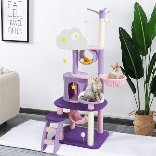 Torre para gatos morada y rosa 65 pulgadas miniatura 6