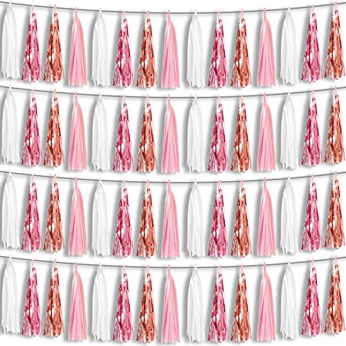 Image of 4P Pink White Peach Rose Gold Tassels Party Tassel Garland Banner, Tassels Banner Streamers for Parade Floats, Bachelorette, Wedding, Birthday, Christmas, Bridal /Baby Shower Party Decorations