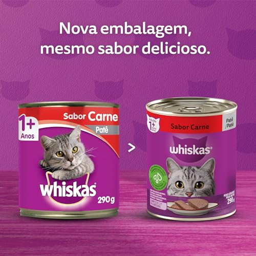 Pack de Ração Úmida Whiskas Lata Patê de Carne para Gatos Adultos 290 g - 24 unidades