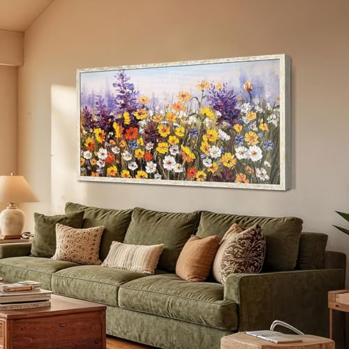 Ardemy Flower Wall Art Canvas Living Room Daisy Colorful Large Framed Wall Decor Textured Painting Wildflower Picture Floral Artwork for Walls Bedroom Home Office, 48"x24" 48"L x 24"W Yellow