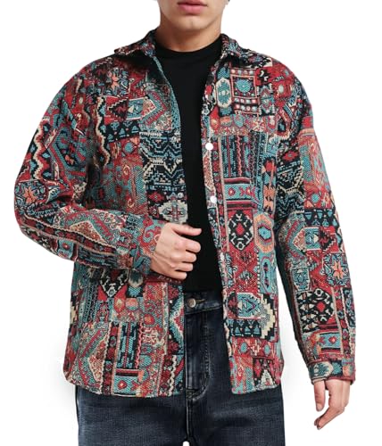 Aztec Shacket Fall Jacket Brocade Jacquard Ethnic Plaid Print Button Down Shirt Casual Spring mid-Weight Coat3