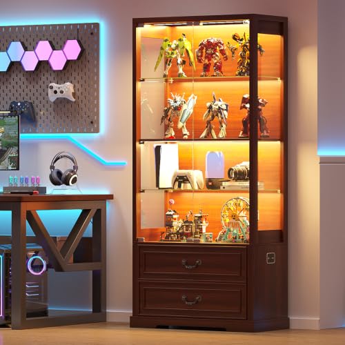 Image of TAGELIER Glass Display Cabinet with Doors and 2 Storage Drawers, Walnut