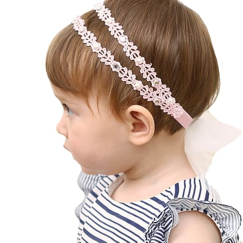 Baby Girl White Flower Christening Headbands Toddler Elastic Soft Lace Baptism Hairband Floral Pearl Newborn Infant Hair Accessories for Birthday Party (pink, Standard size)
