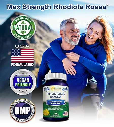 aSquared Nutrition Rhodiola Rosea Supplement 1000mg - 180 Vegan Capsules - Max Strength Rhodiola Root Extract Pills Improve Pure Energy, Brain Function & Stress Relief -Golden Root Herb Powder Tablets