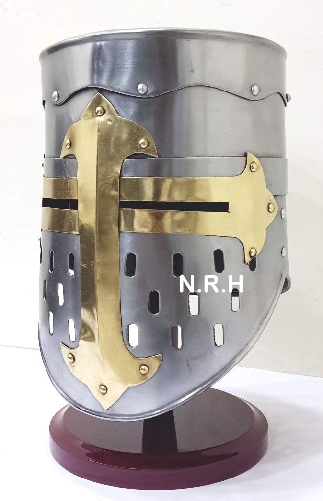 Knights Templar Crusader Halloween Helmet Medieval Armor Brass Cross Silver Helmet W/Stand