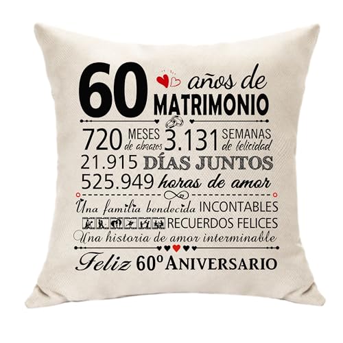 Hasodeo Decoracion 60º Aniversario Boda Funda de Cojín Regalos Bodas de Diamante 60 Años de Conmemorativos Regalos de Boda de 60º Aniversario para Ella y Él, Pareja, Marido o Esposa (60Años)