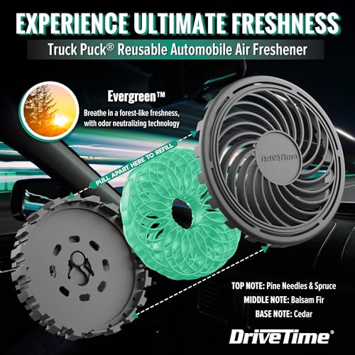Image of Drive Time Truck Puck Evergreen Fragrance Car Air Freshener - Long-Lasting Car Deodorizer, Refillable Vent & Visor Clip Auto Air Freshener for Car, Truck & SUV, Premium Fragrance, Pack of 3