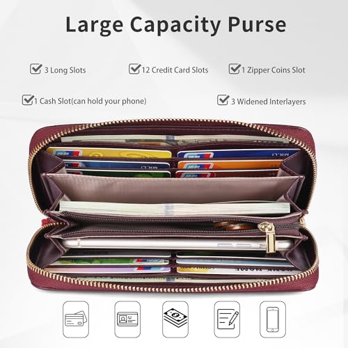 Image of yiijay Womens Wallet RFID Blocking Vegan Leather Trifold Clutch Credit Card Holder Ladies Travel Wallet Purse with Pen Holder, 5Red, Rfid Wallet