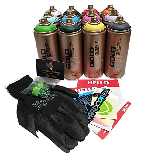 Montana CANS GOLD - Juego de 12 botes de colores en spray (12 botes de oro de 400 ml + 1 guantes, 6 difusores + pegatinas de regalo) para principiantes y grafiti kit Muralism