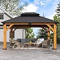 Raysfung 13' x 15' Upgraded Wood Gazebo, Spruce Wooden Gazebo with Double Galvanized Steel Roof, Outdoor Wooden Hardtop Gazebo for Deck, Backyard