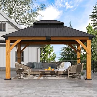 Raysfung 13' x 15' Upgraded Wood Gazebo, Spruce Wooden Gazebo with Double Galvanized Steel Roof, Outdoor Wooden Hardtop Gazebo for Deck, Backyard