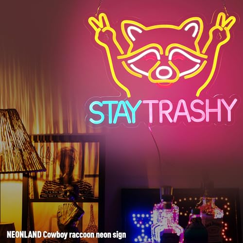 Image of Stay Trashy Racoon Neon Sign for Wall Decor LED Light USB Powered Dimmable Art Signs for Bar Pub Store Man Cave Kids Room 16.2 X 12.6 inch