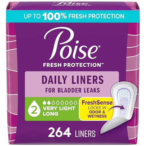 Poise Daily Liners Incontinence Panty Liners for Bladder Leaks 2 Drop Very Light Absorbency Long Length 264 Count of Pantiliners (6 Packs of 44) Packaging May Vary