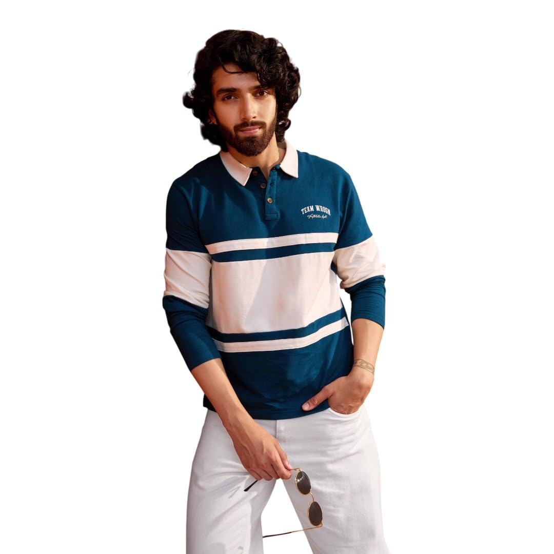 wrogn Men's Pure Cotton Polo T-Shirt | Cut & Sew Colorblock | Oversized Fit-picture-17