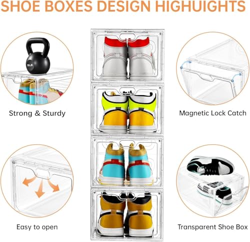 Image of INSTY 6 Pack Large Shoe Storage Box, Clear Shoe Storage Organizer with Magnetic Door, Stackable,Shoe Containers For Display Sneakers, Easy Assembly, Fit up to US Size 12, Clear