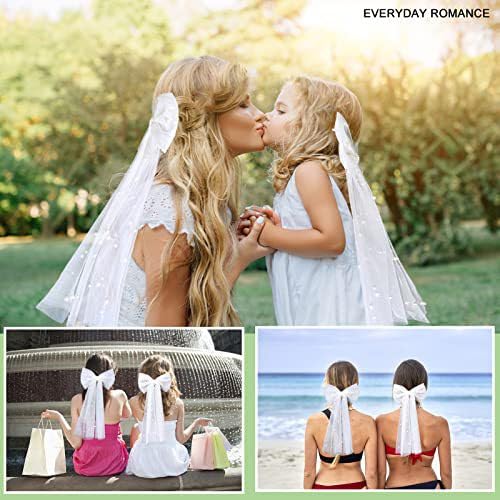 Miniatura 5 de Lazo de pelo de novia, velo de perla, pieza de pelo de tul blanco, lazo de malla con clip, pasador, horquilla de moño largo, clip de cola larga,