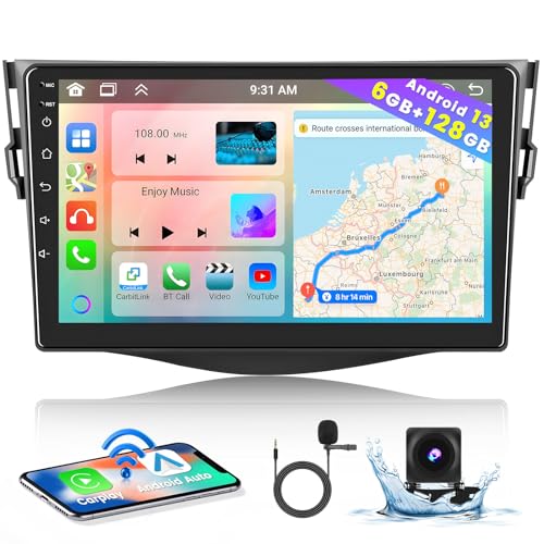 8 Core 6+128GB for Toyota RAV4 2007-2012 Android 13 Car Stereo with Wireless Apple Carplay, 9 Inch IPS Touchscreen Car Radio with GPS Navigation WiFi 32EQ DSP AHD Backup Camrea 59UI SWC