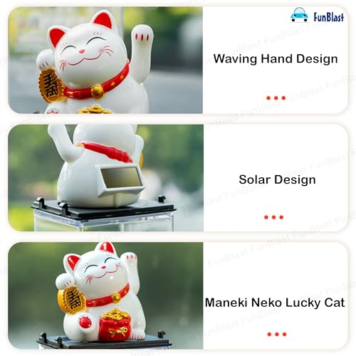 Image of FunBlast Plastic Maneki Neko Lucky Cat, Waving Arm Solar Powered Good Luck Wealth Welcoming Display Car Decor Paw Up with Arm, Decor Item for Home, Office and Car (White), 5 x 6 Cm