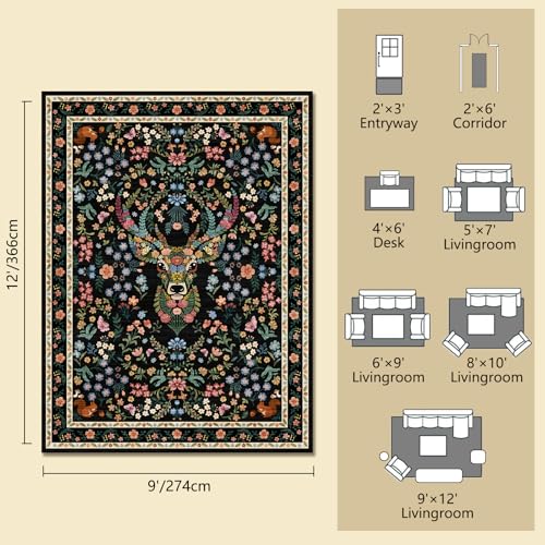 Image of Area Rug Vintage Floral Deer Pattern 9x12 - Bohemian Forest Animal Carpet with Squirrel & Butterfly, Soft Decorative Area Rug for Living Room Bedroom Home Decor