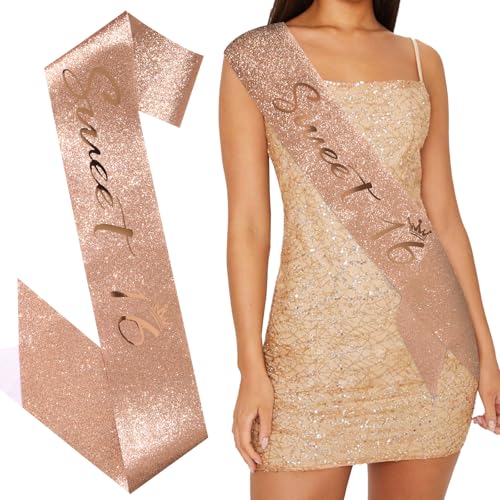 BAHABY Rose Gold Sweet 16 Sash 16th Birthday Decorations for Girls Birthday Party Favors