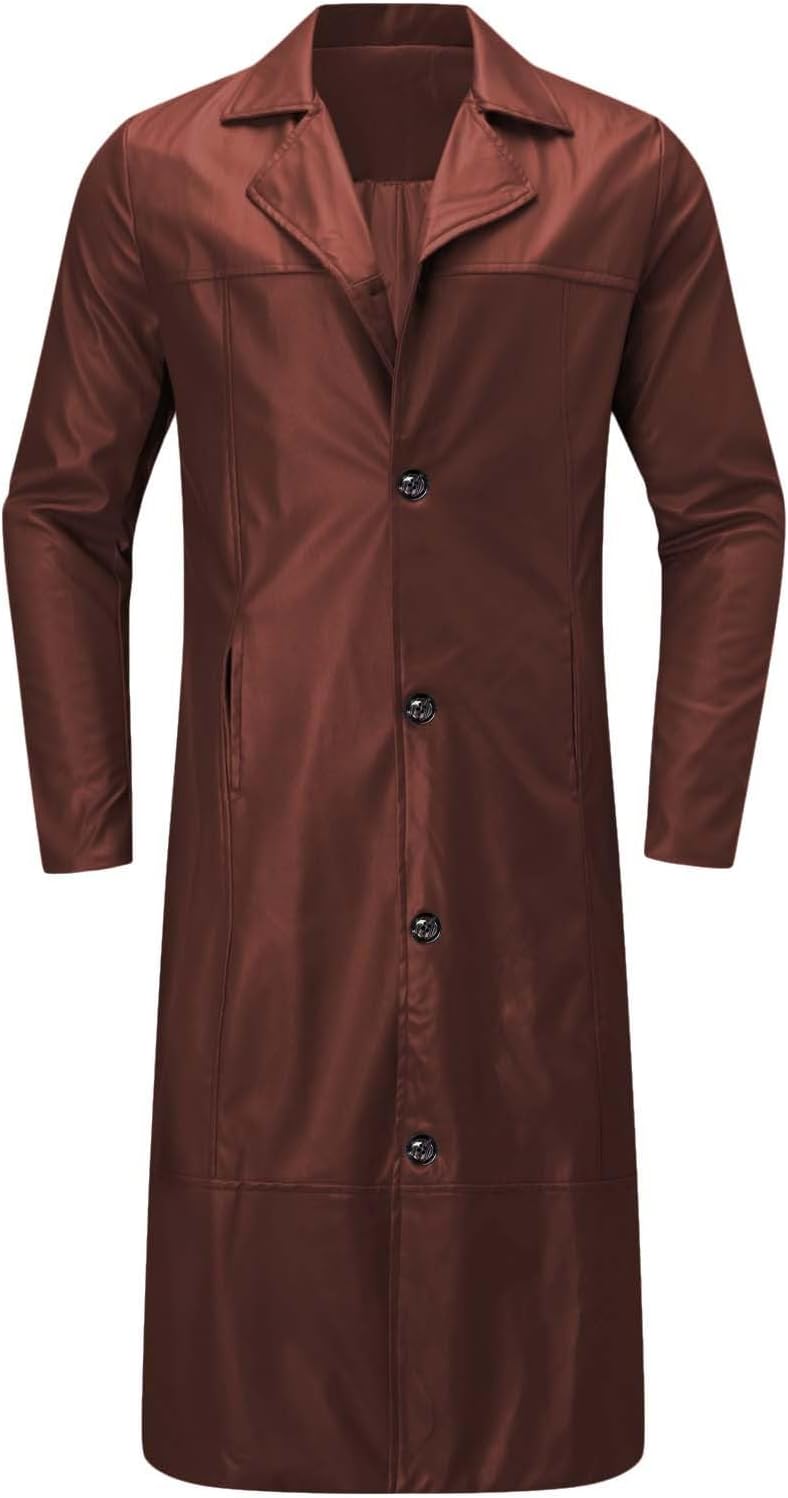 Men's Trench Coat, Solid Color Pu Leather Full Length Windbreaker Gothic Faux Leather Steampunk Overcoat Casual Outwear Lapel Windproof Motorcycle Button Up Long Trench Coat for Winter