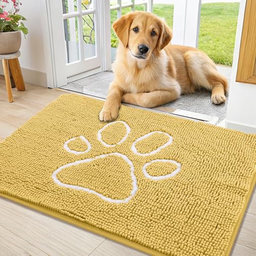 Image of Smiry Dog Door Mat for Muddy Paws, Absorbent Dirt Trapper Non Slip Quick Dry Washable Chenille Mat for Mud Dogs, Entry Rug for Indoor and Outdoor (36x24 Inches, Yellow and White)