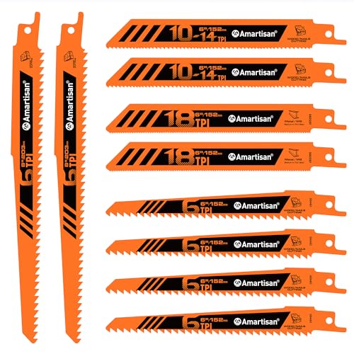 AMARTISAN 10-Piece Bi-Metal Reciprocating Saw Blade Set 6 to 8 Inch Used for Wood & Metal Cutting