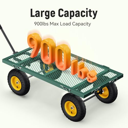 Steel Garden Cart, 2-in-1 900 lbs Heavy Duty Utility Wagon, with Removable Mesh Sides to Convert into Flatbed, 240° U-Turn 10" Pneumatic Tires Garden Wagon for Farm Yard Lawn Garden Camping