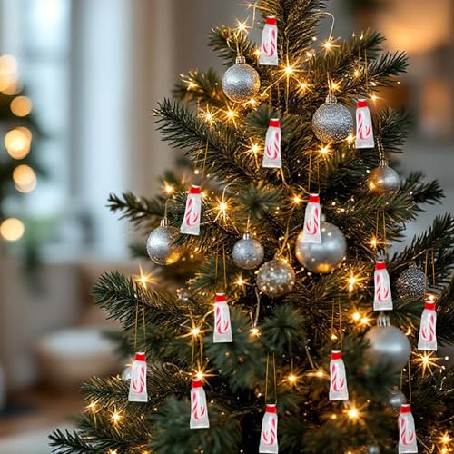 Mini Zuckerstangen Baumanhänger essbar Erdbeer Geschmack - 24 Stück - Candy Cane Weihnachtsbaum Anhänger zum Essen - Christbaum Schmuck Weihnachts Deko Süßigkeiten Bonbon