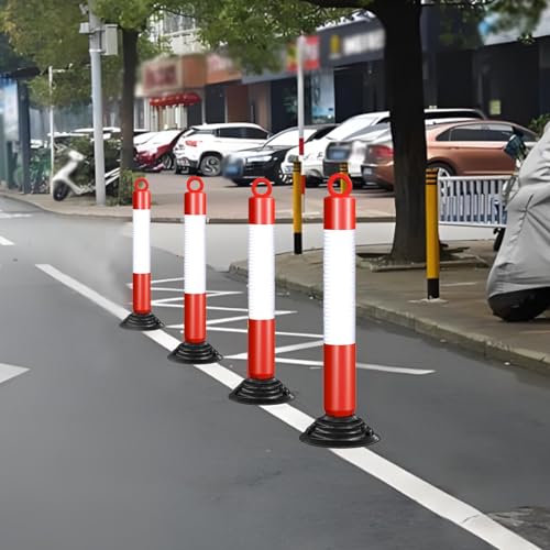 Footway Traffic Safety Delineator Barrier, 4 6 8 10 pack Channelizer Cones Post Kit with Weighted Rubber Base & Screws, Heavy Duty Plastic Security Posts for Facility Management(White+Red,4 pcs)