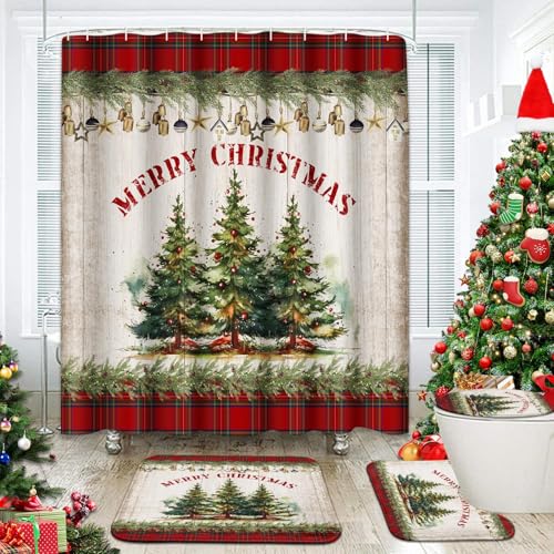 Bribay 4 Piece Shower Curtain Sets Merry Christmas Winter Green Retro Tree with Non-Slip Rugs Toilet Lid Cover and Bath Mat for Bathroom Decor Set 72 x 72